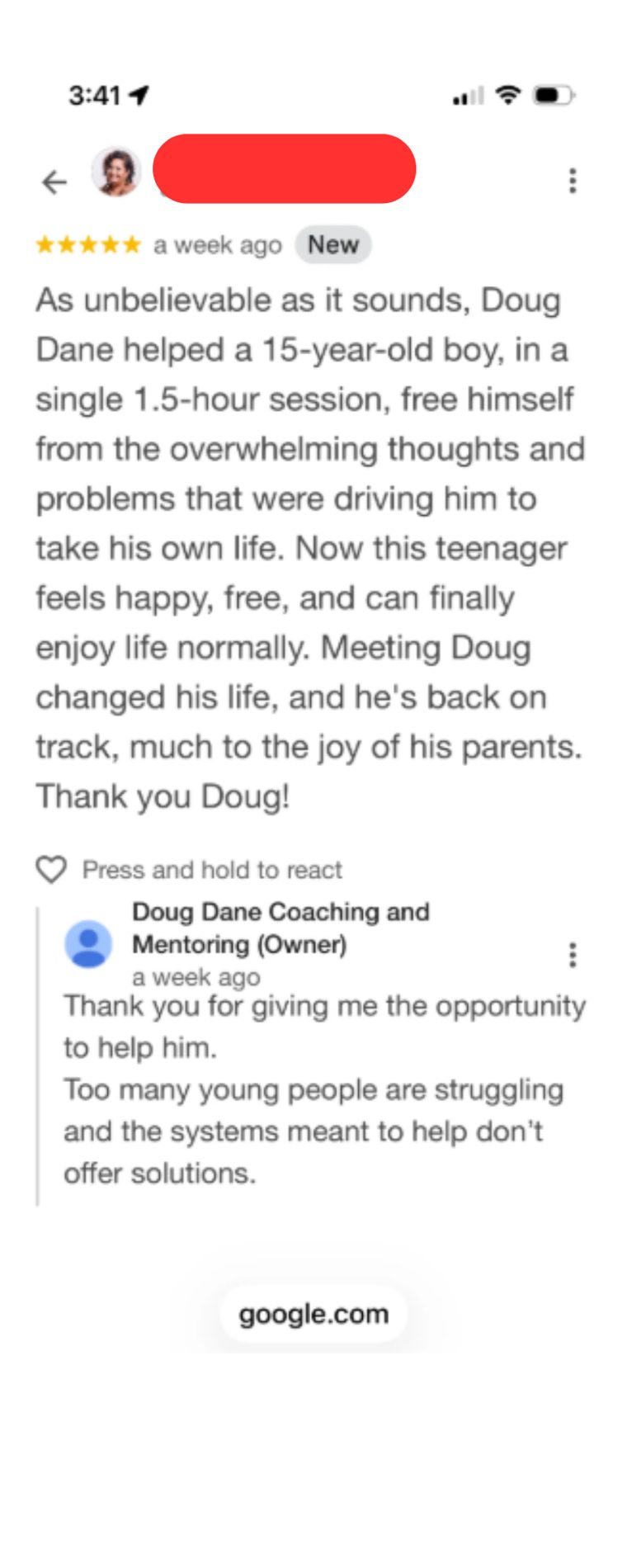 Facebook testimonial about Doug's work